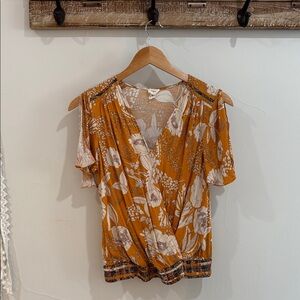 Anthropologie Mustard Floral Surplice Blouse